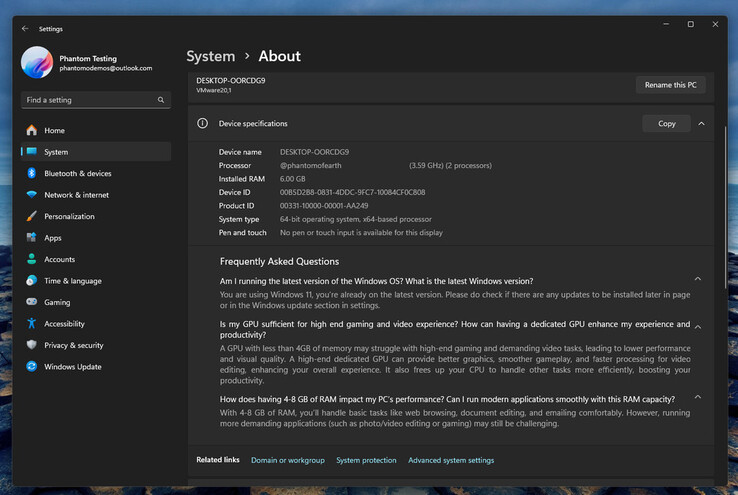 Windows 11 开发版截图，系统硬件信息下方添加了常见问题部分。(图片来源：@phantomofearth.bsky.social）