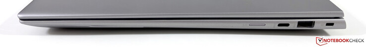 右边：microSD读卡器，USB-C 3.2 Gen.2（10 GBit/s，DisplayPort-ALT 1.4），USB-A 3.2 Gen.1（5 GBit/s），Kensington锁