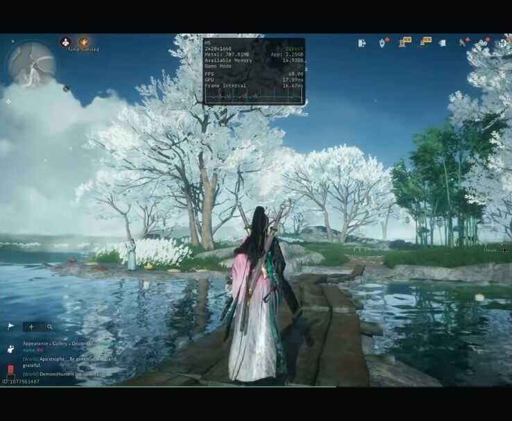 Where Winds Meet Mobile 在 M5 iPad Pro 上运行,性能叠加显示分辨率和帧速率(图片来源:Dame Tech via YouTube)