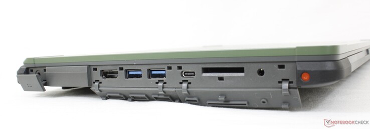 左边：AC适配器，HDMI 2.0，2个USB-A 3.0，USB-C w/ Thunderbolt 4 + DisplayPort + Power Delivery，SD读卡器，3.5毫米音频插孔