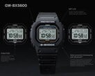 图中展示的是卡西欧 G-Shock GW-BX5600 手表，图注突出了其 MIP 液晶屏、两种字体样式、Tough Solar 太阳能供电、蓝牙连接以及 Multiband 6 无线电调时功能。
