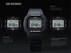 图中展示的是卡西欧 G-Shock GW-BX5600 手表,图注突出了其 MIP 液晶屏、两种字体样式、Tough Solar 太阳能供电、蓝牙连接以及 Multiband 6 无线电调时功能。