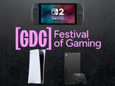图为 GDC 横幅，上面有 Switch 2、PS5 和 Xbox 游戏机（图片来源：GDC、任天堂、索尼 PlayStation、Xbox Gaming 有删改）