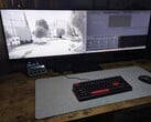 Innocn E49M1R 屏幕左侧显示一张技术图纸，右侧显示 DaVinci Resolve 软件界面。