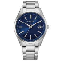 Citizen CB0300-53L 电波对时 Eco-Drive 腕表,配有太阳纹蓝色表盘、不锈钢表链、棒形时标及日期显示窗。