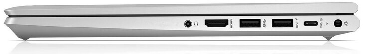 右边的连接：耳机插孔、HDMI 2.1b、USB Type-A（5 Gbit/s）、USB Type-A（5 Gbit/s，PD）、USB Type-C（10 Gbit/s，DP，电源）、DC in
