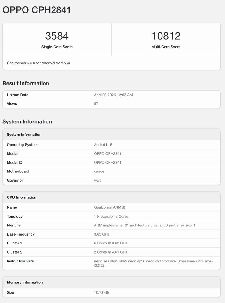 即将上市的 Oppo 手机的 Geekbench 列表。