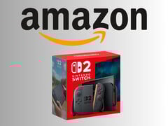 Nintendo Switch 2，主机上方有亚马逊标志（图片来源：Amazon.com，有编辑）。
