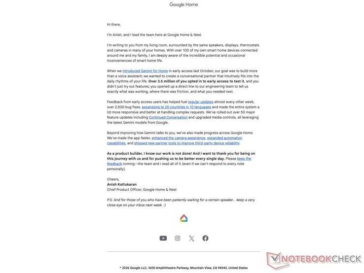 Google Home 首席产品官的邮件。