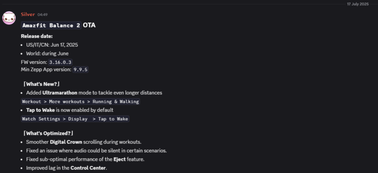 Amazfit Balance 2 3.16.0.3 版本更新的发布说明。(图片来源：Amazfit 通过微博发布）