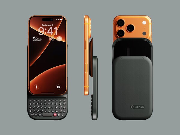 Clicks Power Keyboard 可连接到配备 MagSafe 的 iPhone 和其他支持 Qi2 的手机或磁性外壳。(图片来源：Clicks）