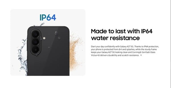 Galaxy A27 5G 的防护等级已下调至 IP64。