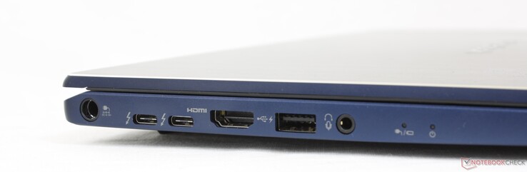 左边：AC适配器端口，2个USB-C w/Thunderbolt 4 + DisplayPort + Power Delivery，HDMI 2.0，USB-A 3.2，3.5毫米耳麦