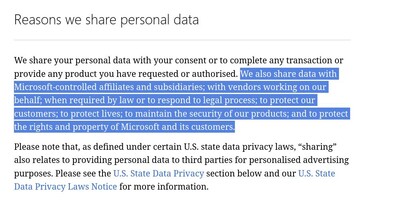 微软的隐私声明页面对该公司与谁分享什么以及为什么分享相当模糊。(图片来源：微软)