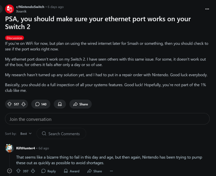 任天堂 Switch 2 以太网端口问题（图片来源：截图，任天堂 Switch subreddit）
