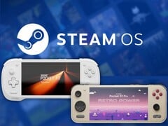 背景中带有 Steam OS 标志的 Konkr Pocket Fit G3 和 Ayaneo Pocket S2 Pro】【。