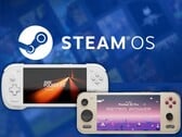 背景中带有 Steam OS 标志的 Konkr Pocket Fit G3 和 Ayaneo Pocket S2 Pro】【。