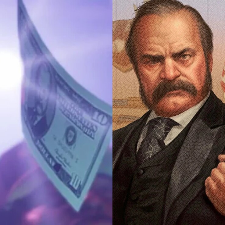 图为预告片 2 中《GTA 6》中的金钱与总裁 Thaddeus Waxman 的合影。(图片来源：X 上的合成土豆）
