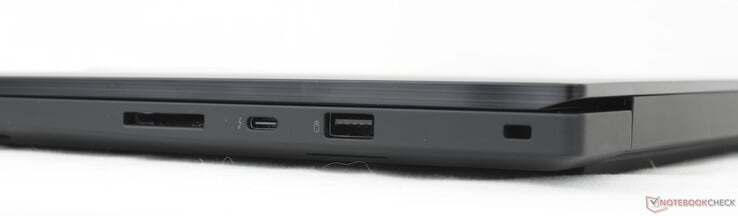 右侧SD 7.0 读卡器、USB-C Thunderbolt 4 w/ DisplayPort 2.1 + Power Delivery 3.1、USB-A（10 Gbps）、安全锁