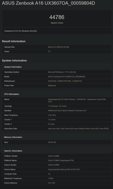 骁龙 X2 Elite X2E-96-100 Geekbench GPU 性能