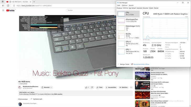 4K YouTube播放对系统来说没有问题,运行时只有4%的CPU负载和1%的iGPU负载,但我们注意到很少有掉帧现象。