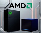 新 Xbox 游戏机模型和蒸汽机上方的 AMD 徽标