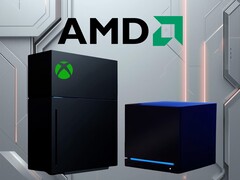 新 Xbox 游戏机模型和蒸汽机上方的 AMD 徽标