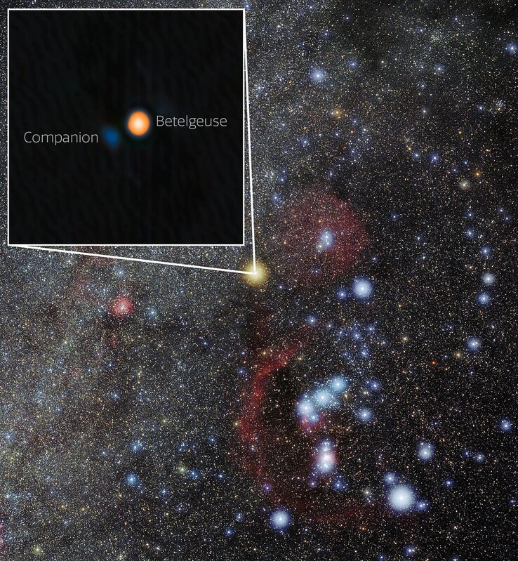 参宿四及其伴星的位置。(图片来源：国际双子座天文台/NOIRLab/NSF/AURAI国际双子座天文台/NOIRLab/NSF/AURAI 图像处理：M. Zamani（美国国家科学基金会 NOIRLab）
