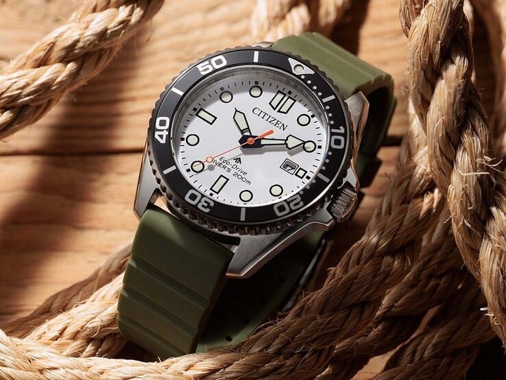 Citizen Promaster Marine BN0265-00A 潜水表,配有白色表盘、黑色表圈、不锈钢表壳,以及以盘绕绳索为基底的橄榄绿色表带。