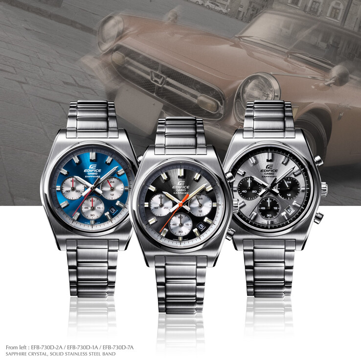 从左至右卡西欧 Edifice EFB-730D-2AV、EFB-730D-1AV、EFB-730D-7AV。(图片来源：卡西欧）