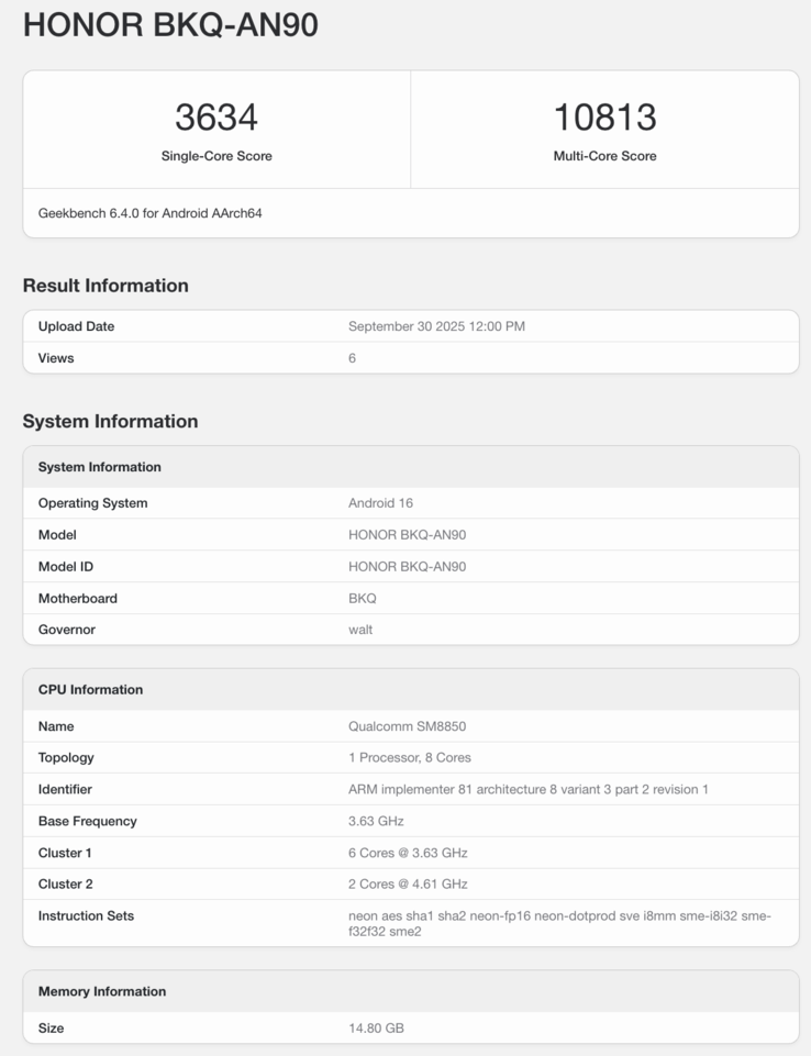 Honor Magic 8 Pro 的 Geekbench 列表。(图片来源：Geekbench）