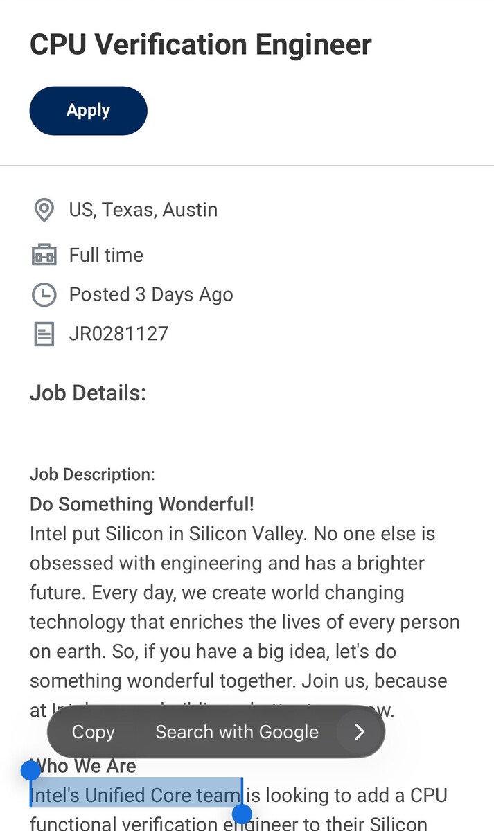 英特尔正在招聘一名工程师,负责开发统一内核