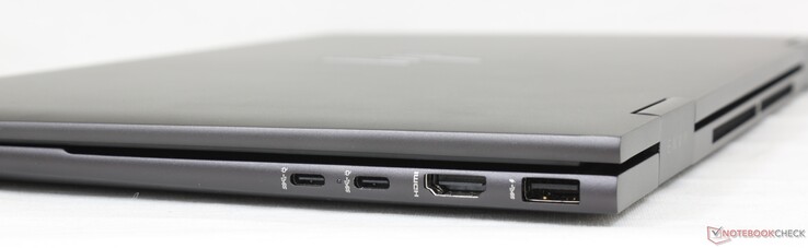右边：2个USB-C（10Gbps），带电源传输+DisplayPort 1.4，HDMI 2.1，USB-A（10Gbps）。