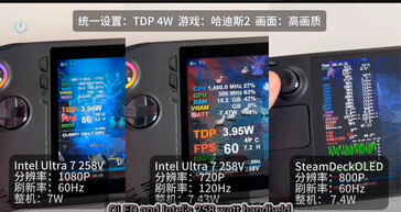 微星魔爪英特尔酷睿 7 258V 功耗与 Steam Deck 的对比（图片来源：Bilibili via VideoCardz）