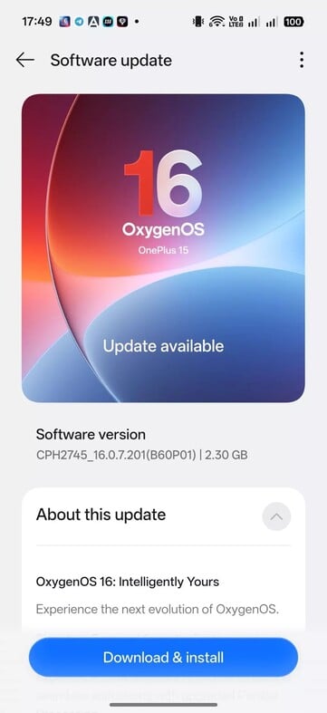 OnePlus 15 上的 OxygenOS 16.0.7.201 OTA