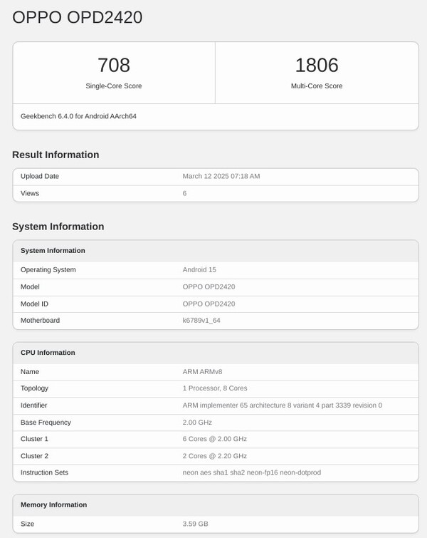 Oppo Pad SE 出现在 Geekbench 上。(图片来源：Geekbench）