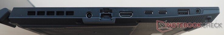 左侧：电源、RJ45网络、HDMI 2.1、2个USB-C 3.2 Gen2（包括显示端口）、USB-A 3.2 Gen1、音频