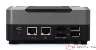 后面板：主电源连接（19 V；5 A）、局域网（2.5G）、局域网（1.0G）、HDMI 2.1、DP1.4（4K@144 Hz）、2 个 USB 2.0