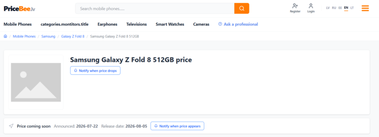总部位于拉脱维亚的Pricebee网站显示，三星Galaxy Z Fold 8的发售日期为8月5日。