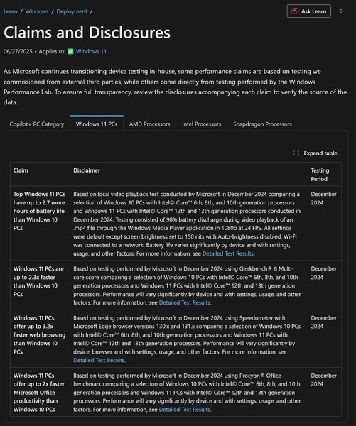 Windows 10 和 11 Geekbench 基准测试（图片来源：截图，微软学习中心）