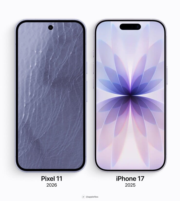 Google Pixel 11 与 Apple iPhone 17 的屏幕边框对比。