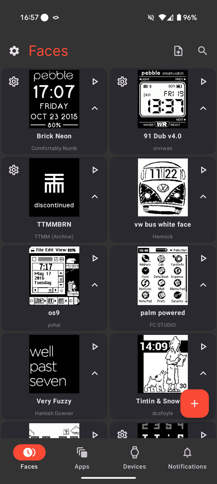 新 Pebble 应用程序中部分手表界面的截图。(图片来源：Eric Migicovsky via X.com）