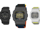 图为白色背景下的卡西欧 G-Shock DW-5600MNC-1、DW-5600MNC-BA2 和 DW-5600MNC-7A8。
