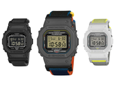 图为白色背景下的卡西欧 G-Shock DW-5600MNC-1、DW-5600MNC-BA2 和 DW-5600MNC-7A8。