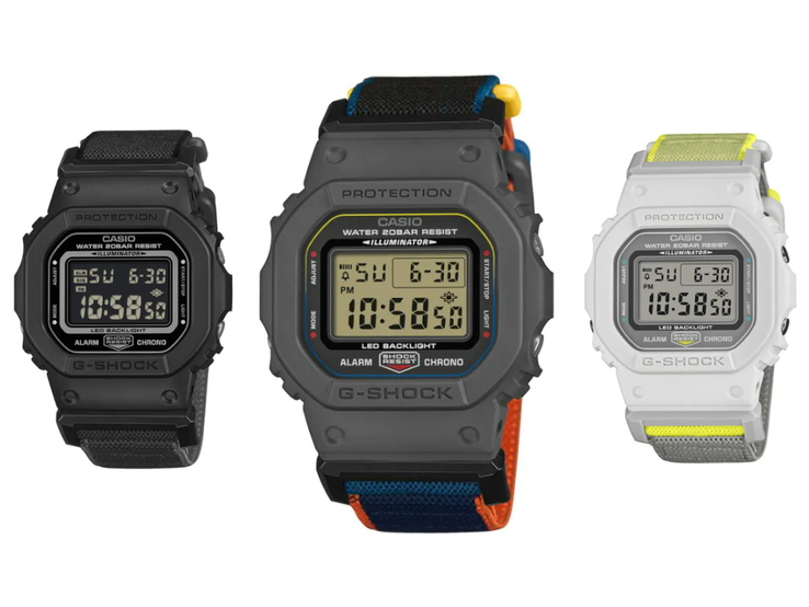 从左到右：卡西欧 G-Shock DW-5600MNC-1、DW-5600MNC-8A2 和 DW-5600MNC-7A8 手表