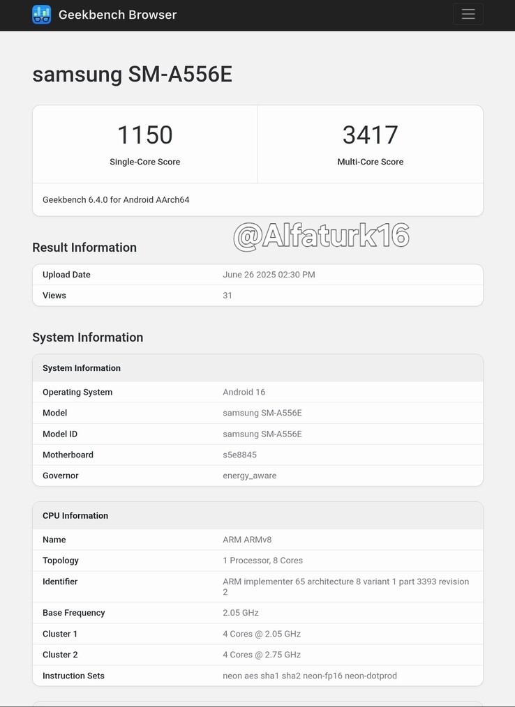 Galaxy A55 5G "更新至Android 16。(来源：Geekbench via AlfaTurk on X）