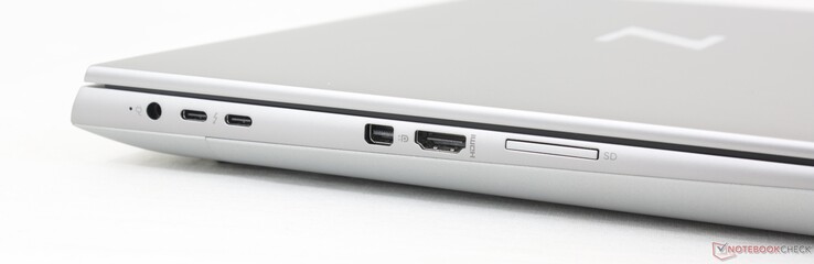左边：AC适配器，2个USB-C 3.2 Gen. 2 w/ Thunderbolt 4 + DisplayPort 1.4 + DisplayPort 1.4，mini-DisplayPort 1.4，HDMI 2.1，SD读卡器。注意紧凑的USB-C和AC适配器端口