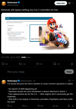 任天堂为 Switch 2 Joy-Cons 提供保修服务（图片来源：截图，Nintendeal X 账户）