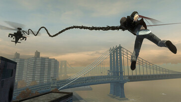 游戏《原型》中的图片，显示一架直升机和主角。(图片来源：Steam）