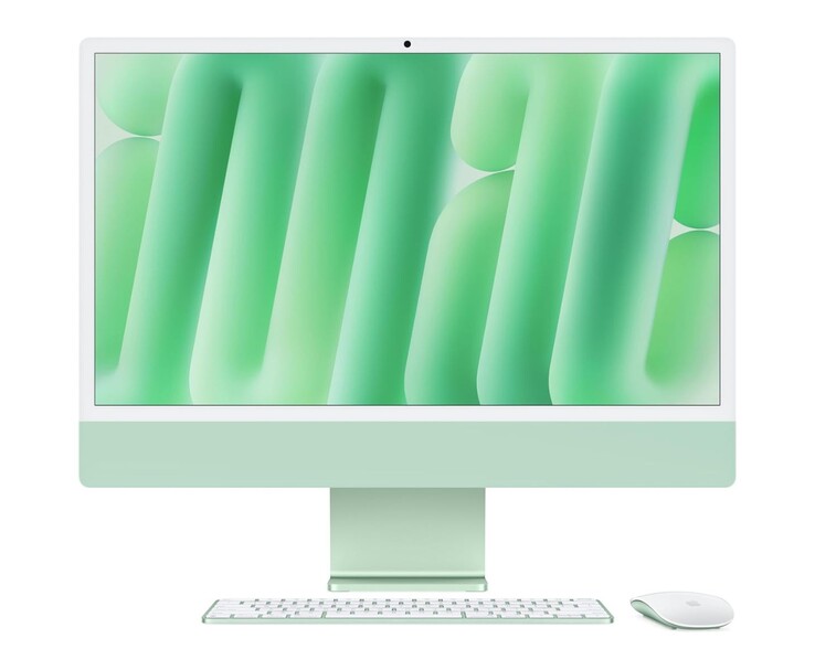 Apple 24 英寸 iMac 显示为绿色，配有配套键盘和鼠标（图片来源：Apple)